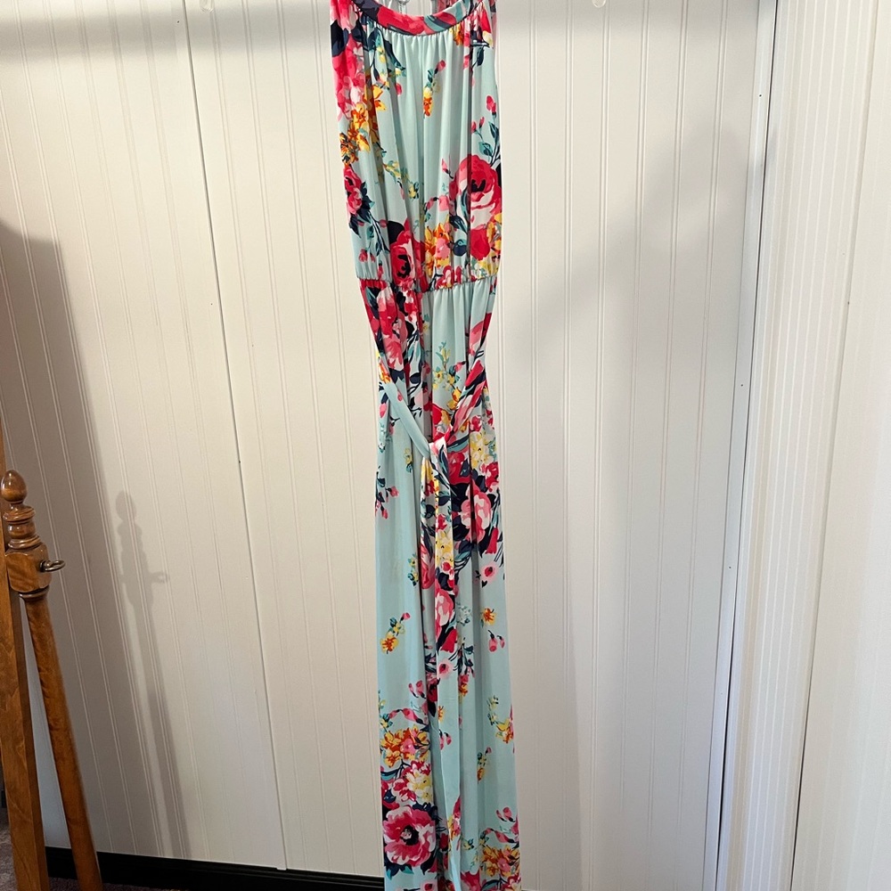 Women’s Belted Stretch Jumpsuit in Aqua, Pink, Blue, Yellow Floral Print
